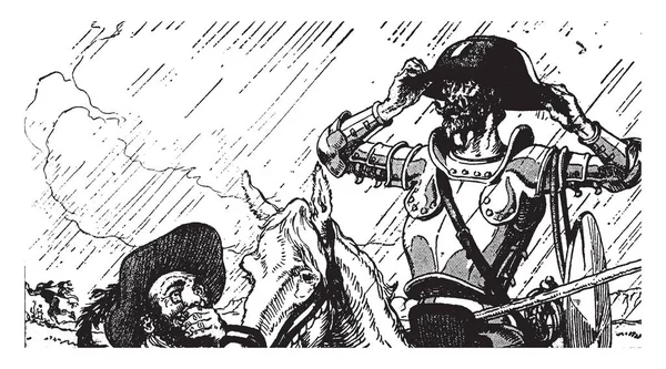 堂吉诃德 这一幕显示 一个身穿战士制服的人在雨中骑着马 一个头戴羽毛帽子的人站在马附近 复古线画或雕刻插图 — 图库矢量图片