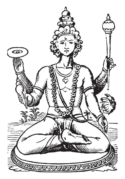 これは神ビシュヌ神の像です 彼は左の手 別の手でスダルシャン チャクラにロータスの つの手を持っています 彼はクラウン ビンテージの線描画や彫刻イラスト着用 — ストックベクタ