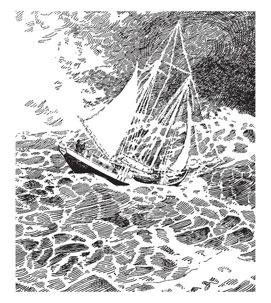 赫塞鲁斯 这一幕显示了海上的一条船和船内的人 复古的线条画或雕刻插图 — 图库矢量图片