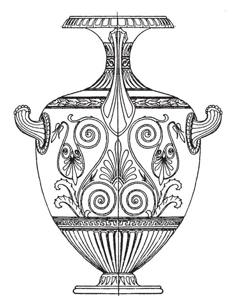 Greek Hydria is used as a water-pot to carry water with from springs,  their heads vertically when full and horizontally when empty, vintage line drawing or engraving illustration.
