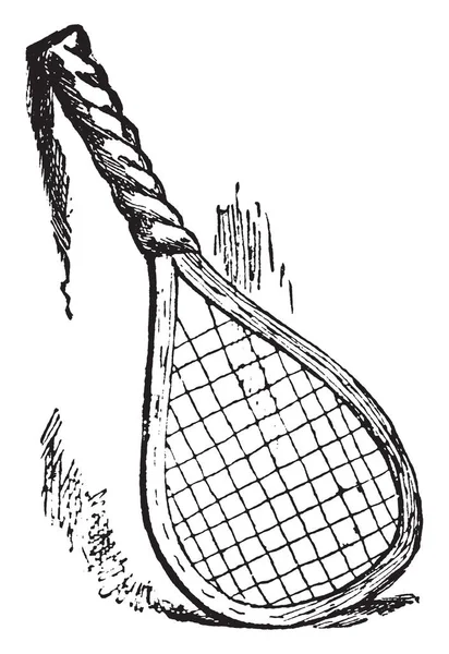 Een Badminton Tennis Racket Met Losse Grip Tape Vintage Lijntekening — Stockvector