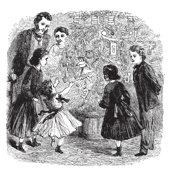 Family Christmas Tree Kids Woman Man Part Family Vintage Line — Stock Vector