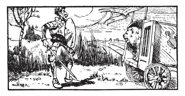 ドンキホーテ このシーンを示して男に剣と盾とライオンが立って彼 ビンテージの線描画や彫刻イラストの横にあると — ストックベクタ