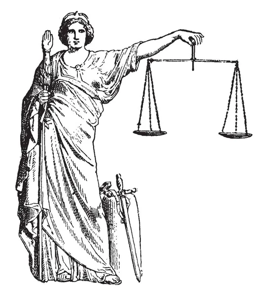 Astrae Déesse Justice Tenant Dans Main Une Balance Qui Montre — Image vectorielle