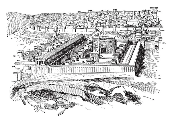 エルサレム神殿はエルサレムの旧市街 ビンテージの線描画や彫刻イラストの神殿の丘に位置していた構造のシリーズのいずれか — ストックベクタ