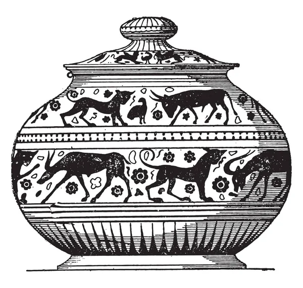 塗装済み完成品花瓶オリエンタル スタイル ビンテージの刻まれた図 — ストックベクタ