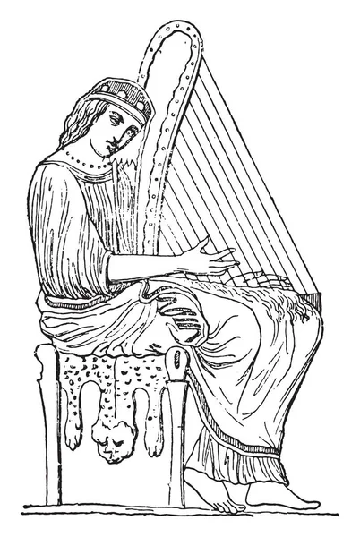 Woman Playing Harp Vintage Engraved Illustration Private Life Ancient Antique — Stock Vector