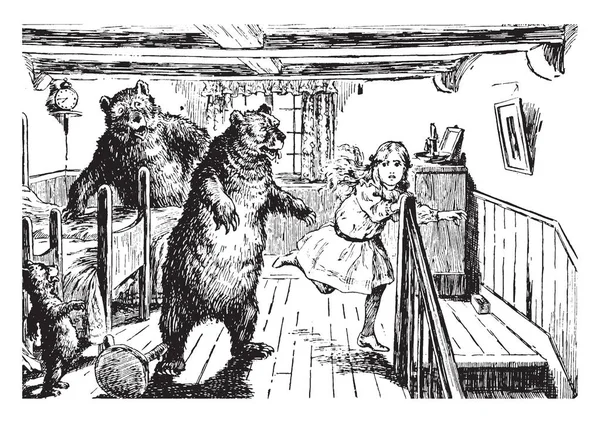 Goldilocks, gambar ini menunjukkan tiga beruang di ruangan dan takut gadis kecil melarikan diri dari mereka, gambar garis antik atau ilustrasi ukiran — Stok Ilustrasi Goldilocks Gambar Ini Menunjukkan Tiga Beruang Ruangan Dan Takut Gadis Stok Ilustrasi Bebas Royalti