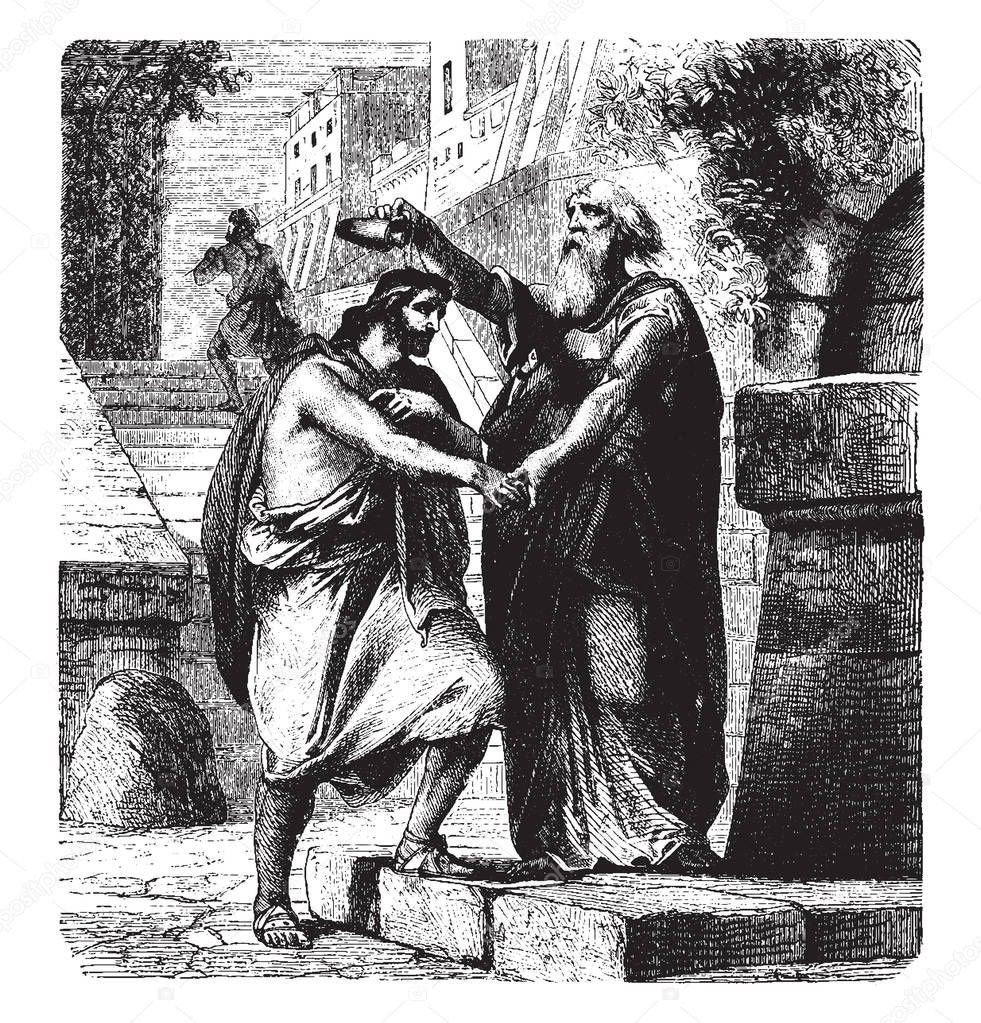 Saul Anointed by Samuel was anointed by the prophet Samuel, vintage line drawing or engraving illustration.