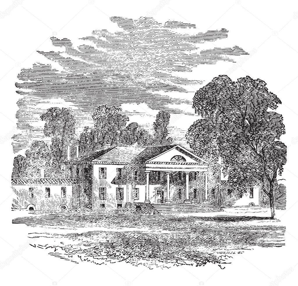 This is The Montpelier was James Madison's estate in Orange, Virginia. This is a big historic house, vintage line drawing or engraving illustration.