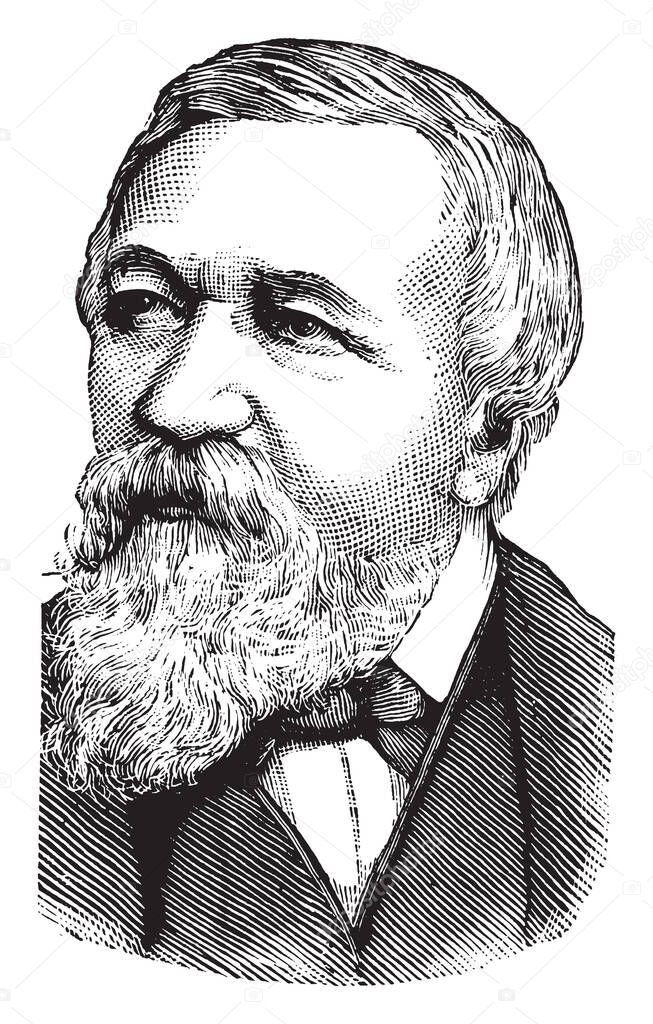 Robert Browning, 1812-1889, he was an English poet and playwright whose mastery of the dramatic monologue made him one of the foremost Victorian poets, vintage line drawing or engraving illustration