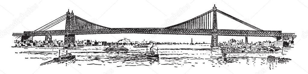 Williamsburg Bridge is a suspension bridge in New York City across the East River connecting the Lower East Side of Manhattan at Delancey Street, vintage line drawing or engraving illustration.