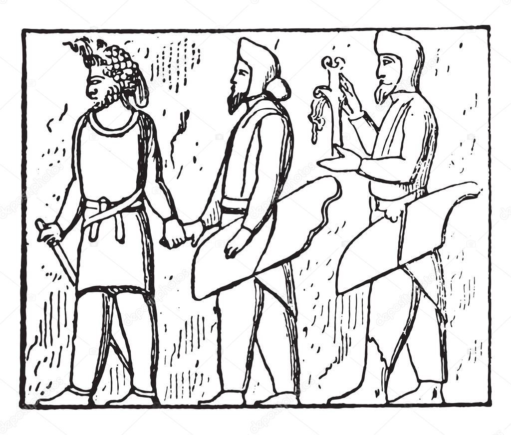 Dependent people (Bas-relief of Persepolis), vintage engraved illustration
