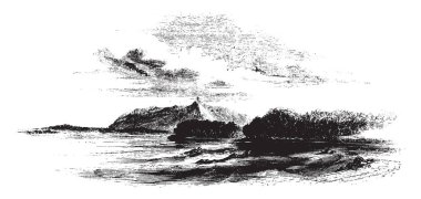 Yirmi mil uzak, Sorel, vintage çizgi çizme veya oyma illüstrasyon Beloeil dağıdır