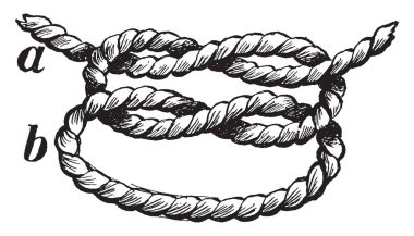 Büyükanne düğüm bir ip veya nesne, vintage çizgi çizme veya oyma illüstrasyon etrafında çizgi güvenliğini sağlamak için kullanılan bir bağlama düğüm oldu.