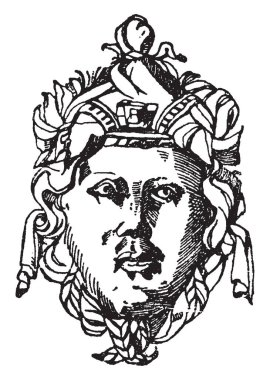 Alman Renascence maskesi var kadın metal kalkan, vintage çizgi çizme veya oyma illüstrasyon.