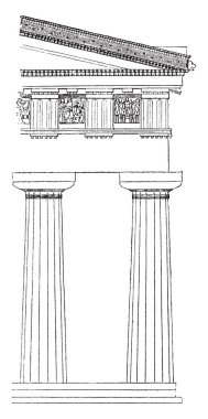 Dorik sipariş, yivli, gutted, moteller, alınlıklı, selinus, stylobat, Tapınak, vintage çizgi çizme veya oyma illüstrasyon.