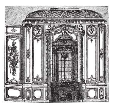 Versailles Sarayı, Kraliyet chteau, Fransa ' nın le-de-France bölgesini salonda sistem Rokoko dekorasyon, Louis, vintage çizgi çizme veya oyma illüstrasyon mimarisini bahsedilen.