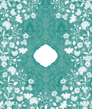 Vintage davetiye süslü zarif retro soyut çiçek tasarım, beyaz çiçek ve yaprak Deniz Mavisi mavi yeşil zemin üzerine. Vektör çizim.