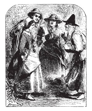 Yaşlı kadın ve domuz, eski bir kadın üç kişi, vintage çizgi çizme veya oyma illüstrasyon söz bu sahne gösterir