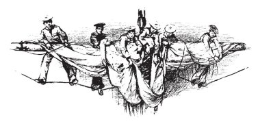 Maymun yarda nerede maymun denizciler bahçesinde bir gemi, vintage çizgi çizme veya oyma illüstrasyon.