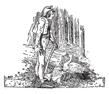 Altın yumurtlayan bir kaz ağaç kesme ve kafasına balta elini ve uzun kuyruk kapağı olan bir çocuk için söz yarım oturan, her ikisi de büyük ağaçlar, vintage çizgi çizme veya oyma illüstrasyon tarafından çevrilidir