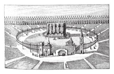 Bu bina şeklinde bir küp ve Islam'ın en kutsal Camii, vintage çizgi çizme veya oyma illüstrasyon.