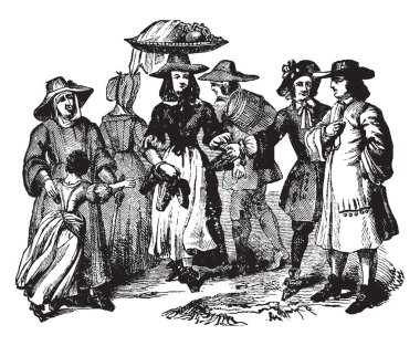 Kraliçe Anne Costumes Kraliçe Anne kural, vintage çizgi çizme veya oyma illüstrasyon sırasında aşınmış.