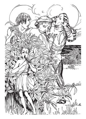 Flüt ağaç ve ağaç müzik dinleme, vintage çizgi çizme veya oyma illüstrasyon arkasında üç kişi oynayan bir çocuk