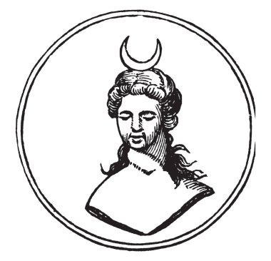 Luna olarak da bilinen olan ay, Roma tanrıçası heykelinin bu. Bir ay onun kafa, vintage çizgi çizme veya oyma illüstrasyon.