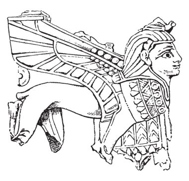 Tarih öncesi çağlardan, vintage çizgi çizme veya oyma illüstrasyon beri Fildişi Fildişi oyma, Sfenks yüksek kabartma veya Ninveh koleksiyonu, oyulmuş.