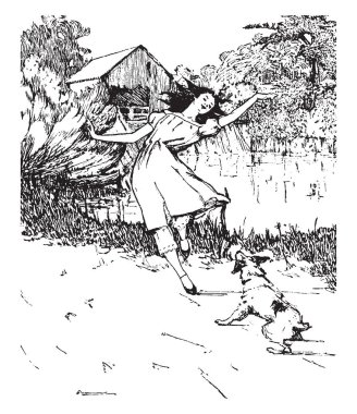 Aniden bir köpek havlayan bir ip atlama oldu kız başladı ve onun dengesi, vintage çizgi çizme veya oyma illüstrasyon kızı kaybeder.