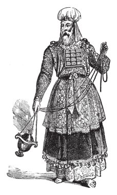 İsrail yüksek rahip olarak da bilinen Kohen Gadol veya Kohen ha-Gadol eski bir resim. İsrail yüksek rahip kurban törenini ve Kutsal Holies Yom Kippur, vintage çizgi çizme veya oyma illüstrasyon girin.