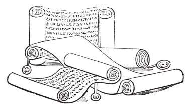 Liber or  most common material, books,  Egyptian papyrus,  general appearance,  papyri rolls,  paintings, vintage line drawing or engraving illustration. clipart