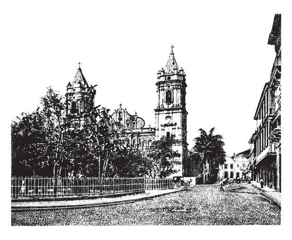 Panama Kathedrale Die Eine Stadt Panama Mittelamerika Ist Vintage Line — Stockvektor