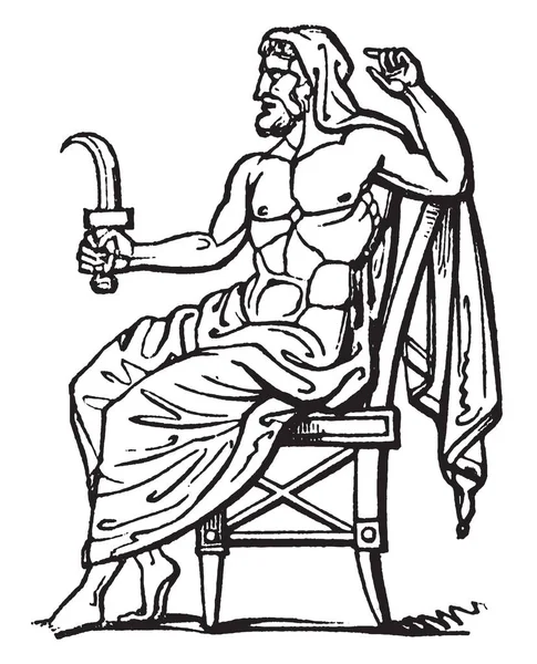 サターンの椅子に座って 彼の右手に鎌の古代の画像 土星はローマの農業 ビンテージの線描画や彫刻イラストの神 — ストックベクタ