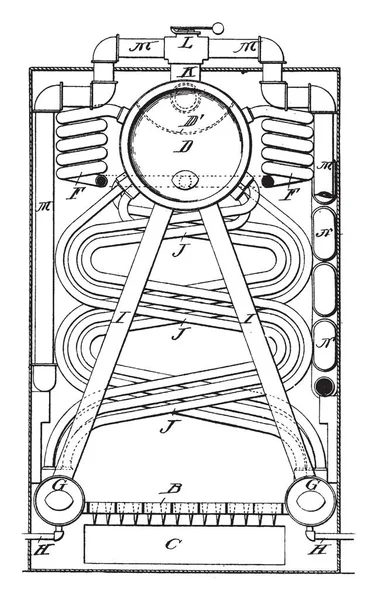 蒸汽锅炉是利用热能从水中产生蒸汽的装置 有螺旋闭环控制 复古线拉或雕刻图 — 图库矢量图片