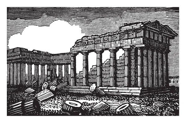 アテネのミネルバの神殿はアテネで有名な場所 ローマでアテナの名前 されて ほとんど完璧なドーリア寺 ビンテージの線描画やイラストを彫刻の評判 — ストックベクタ