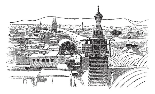 大马士革的街道称为直可以看到从图片的正确前景和延伸整个城市从东到西 复古线条画或雕刻插图 — 图库矢量图片