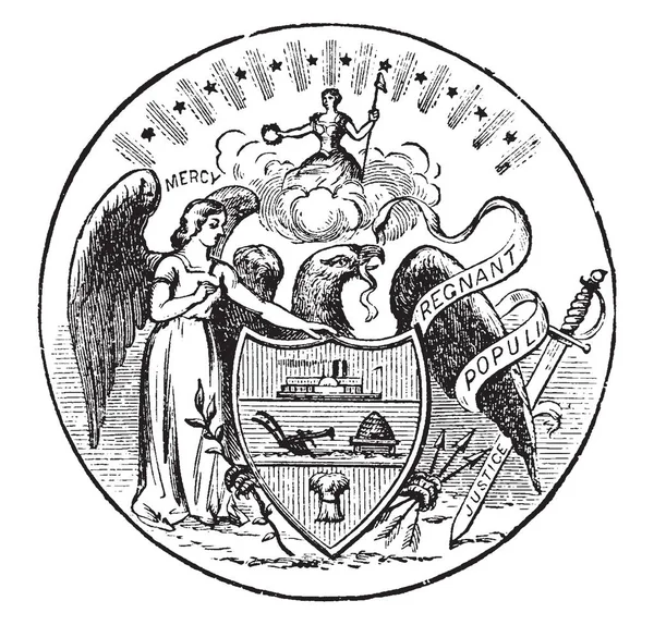 1889年美国阿肯色州的公章 印章包含了仁慈天使 正义之剑和自由女神包围着一个秃头鹰 复古线画或雕刻插图 — 图库矢量图片