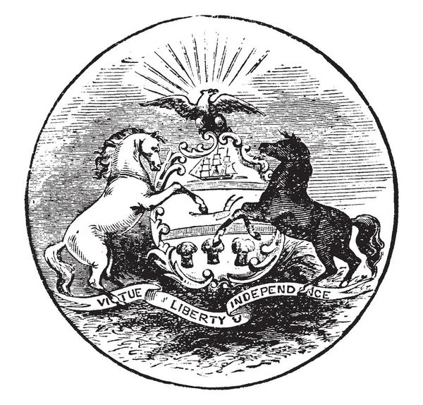 美国宾夕法尼亚州的官方印章在 1889年 这个印章有两匹马围绕盾 盾有船 犁和三滑轮 鹰是在盾牌顶部与阳光在背景 复古线条画或雕刻插图 — 图库矢量图片