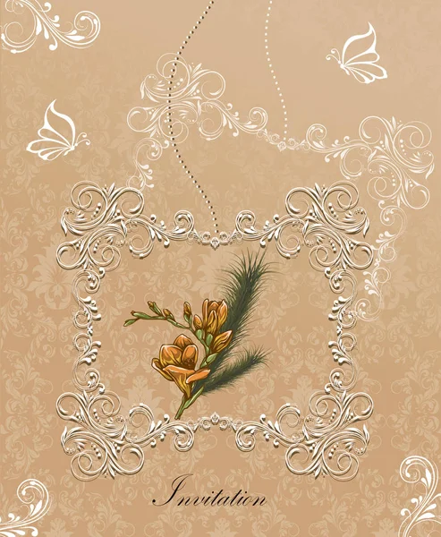 复古邀请卡与华丽优雅复古抽象花卉设计 白色和黄色橙花和叶子在米色背景与框架边框和文本标签 向量例证 — 图库矢量图片