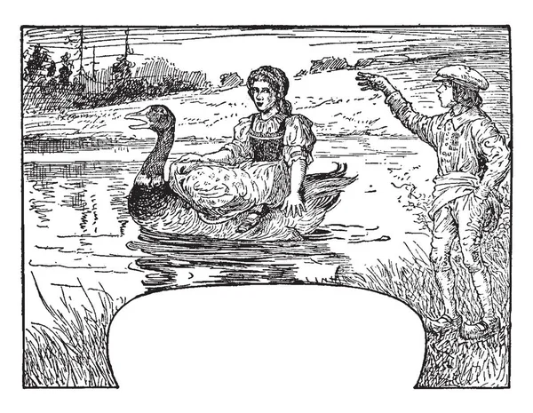 Hsel Grethel 这一幕显示 一个女孩坐在水中的鸭子背上 看着站在地上的男孩 男孩举起右手 讲述一些东西 复古的线条画或雕刻插图 — 图库矢量图片
