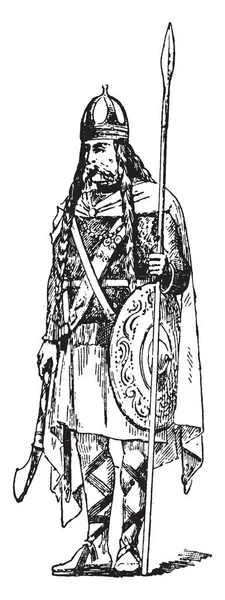 Франкский Вождь Полной Броне Имеет Франкское Племя Рисунок Винтажной Линии — стоковый вектор