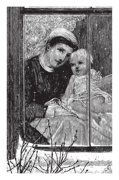 Bebek Pencere Vintage Çizgi Çizme Veya Oyma Illüstrasyon Kadın Resmi — Stok Vektör
