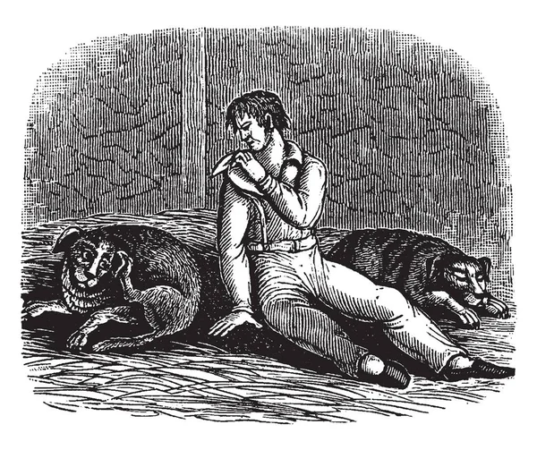 Чоловік Двома Собаками Вінтажний Малюнок Або Гравюрна Ілюстрація — стоковий вектор