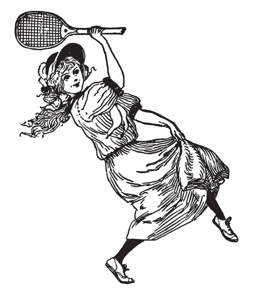 Ein Schönes Junges Mädchen Spielt Badminton Vintage Linienzeichnung Oder Gravierillustration — Stockvektor