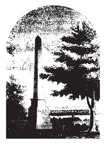 詹姆斯沃尔夫将军纪念碑和路易斯 约瑟夫 蒙卡尔姆 复古线图画或雕刻例证 — 图库矢量图片