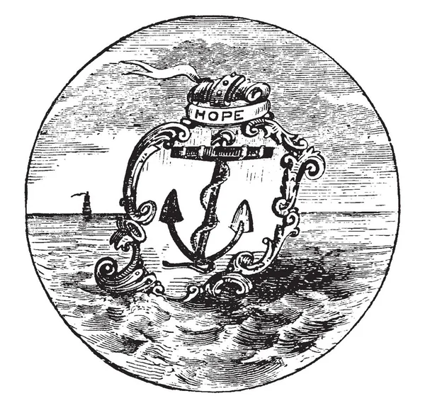 1889 年のロードアイランドの米国の状態の公式のシールで このサークル形状のシールはボートのアンカーとシールド希望が盾の上に書かれている それはまた 海と背景 ビンテージの線描画や彫刻イラストの船 — ストックベクタ