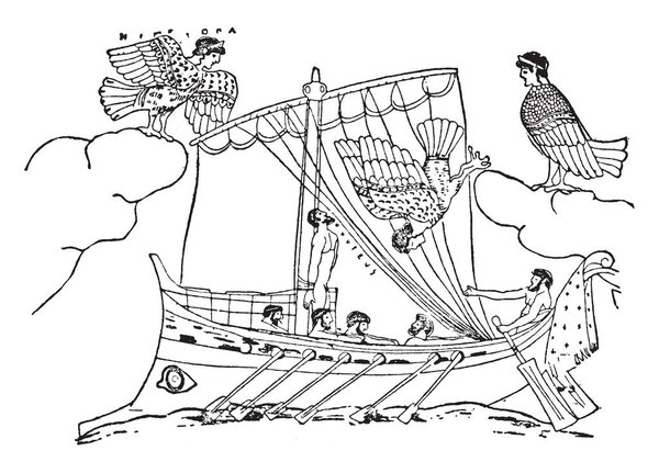In this image a hydria or vase painted by the image shows Ulysses and the sirens from Homer's Odyssey, vintage line drawing or engraving illustration.